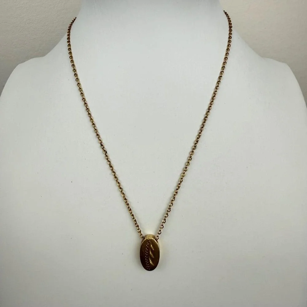 Gold Tone Necklace Oval Wheat Engraved Textured Pendant Minimalist Design